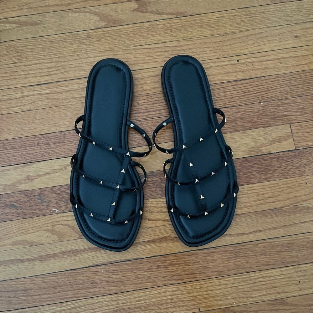 SCHUTZ Lydia Black Leather Studded Slide Sandals sz 10